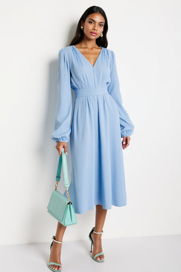 Blue V-Neck A Line Work Dress with Long Sleeves